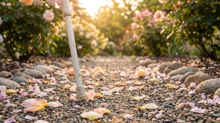 White Cane in Rose Garden Path During Disability Pride Month