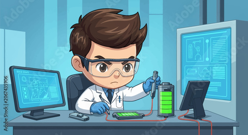 Chibi male scientist in white lab coat and safety goggles testing solid state batteries in a high-tech laboratory with computer monitors and electronic diagnostic equipment.