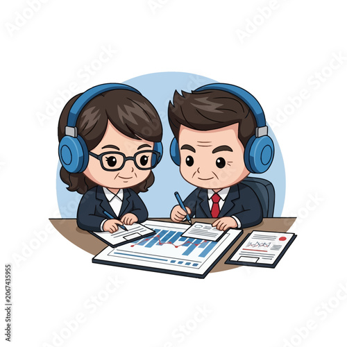 Chibi vector illustration of senior male and female corporate employees wearing headsets and professional suits, sitting at a desk analyzing financial bar charts and data graphs.