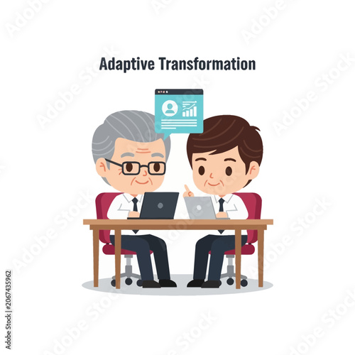 Chibi vector illustration of a senior and younger office worker sitting at a desk with laptops, featuring the text Adaptive Transformation and a digital user profile data dashboard.