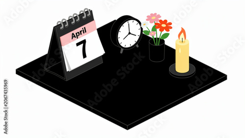Modern desk calendar clock and candle with flowers on black desk surface for time management