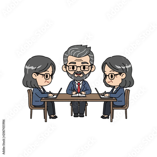 Chibi vector of three senior office workers in suits. A man and two women with grey hair and glasses sit at a table using laptops and taking notes for a business meeting.