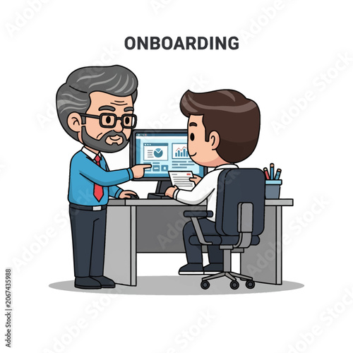 Chibi illustration of senior male mentor training young male employee at office desk with computer showing data charts, includes ONBOARDING text on white background.