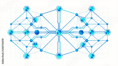 Abstract blue technological network with geometric shapes and connections for digital communication and innovation