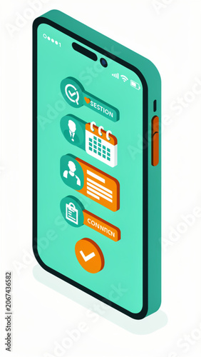 Mobile phone with digital icons representing online question and answer app interface in bright green and orange colors