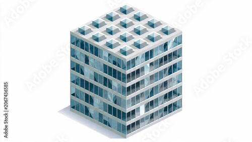 Modern glass office building with blue tinted windows and geometric grid design for business architecture and urban development