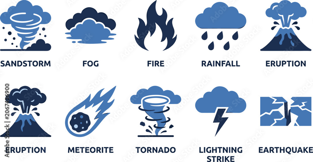 Fototapeta premium Natural disaster and extreme weather phenomenon icon set with tornado earthquake fire and volcanic eruption.