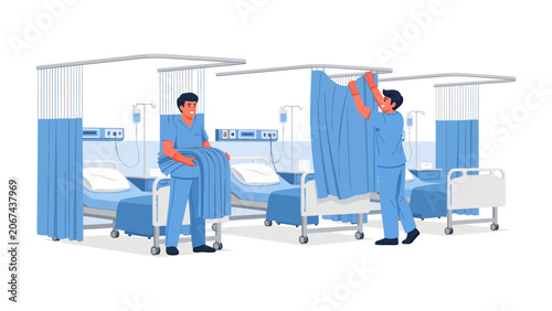 Tableau sur toile Medical Staff Preparing Hospital Room: Two healthcare professionals in blue scrubs arrange medical beds and curtains in a brightly lit hospital ward