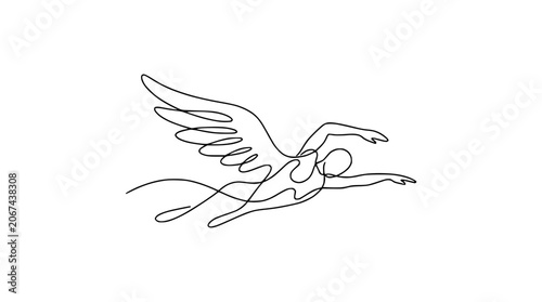Fotografija Continuous line drawing of a person with wings swimming through the air, symbolizing freedom and aspiration