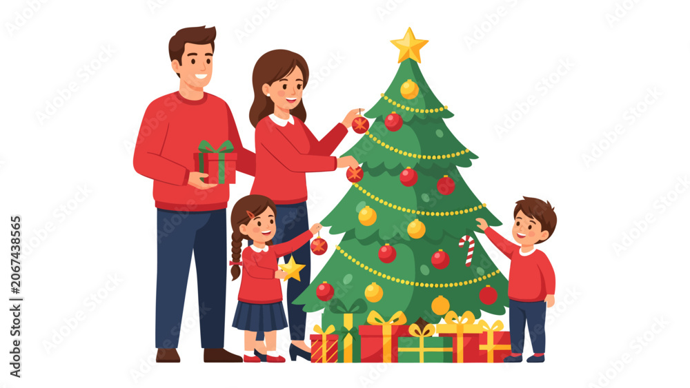 Fototapeta premium Christmas Tree Decoration: A happy family of four, parents and two children, are decorating a Christmas tree with ornaments, gifts, and candy canes, celebrating the festive holiday spirit.
