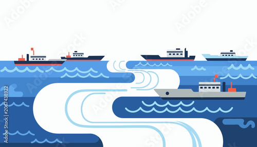 A symbolic illustration depicting a U.S. blockade of the Strait of Hormuz with ships navigating a constricted trade route, conveying a global business crisis