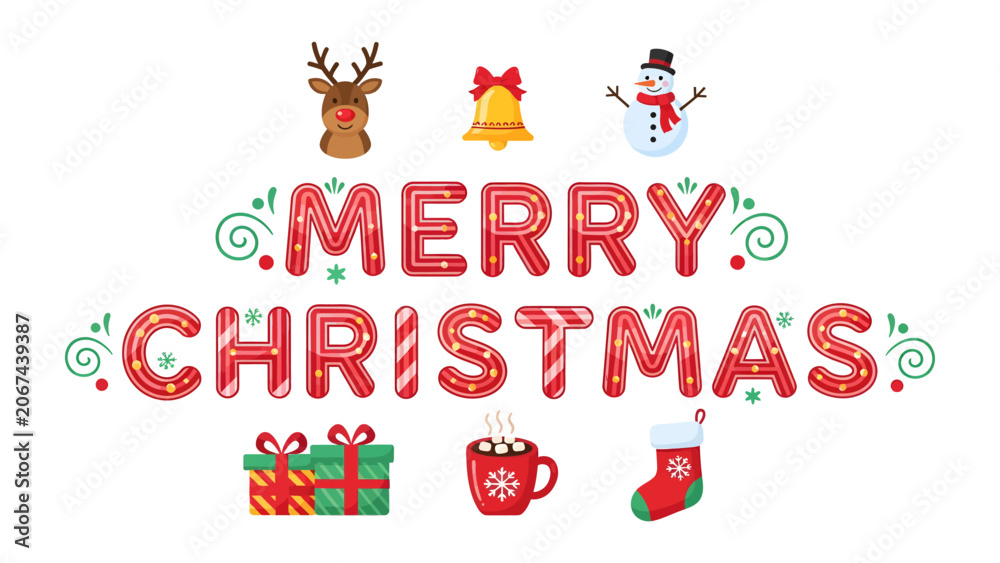 Fototapeta premium Merry Christmas Greetings: A festive collection of Christmas icons and the words Merry Christmas create a cheerful greeting, perfect for holiday cards and decorations.