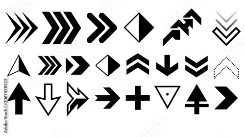 A collection of various geometric shapes and arrows on a white background.