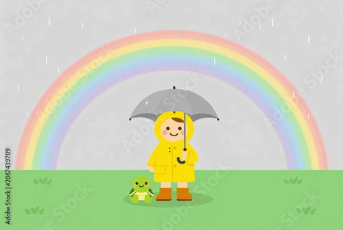 Cute child standing under umbrella with rainbow after rain and small frog