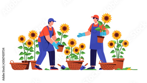 фотографія Gardeners Tending Sunflowers: Two gardeners, wearing overalls and hats, carefully tend to a vibrant patch of sunflowers, their hands gloved as they work with pots and baskets