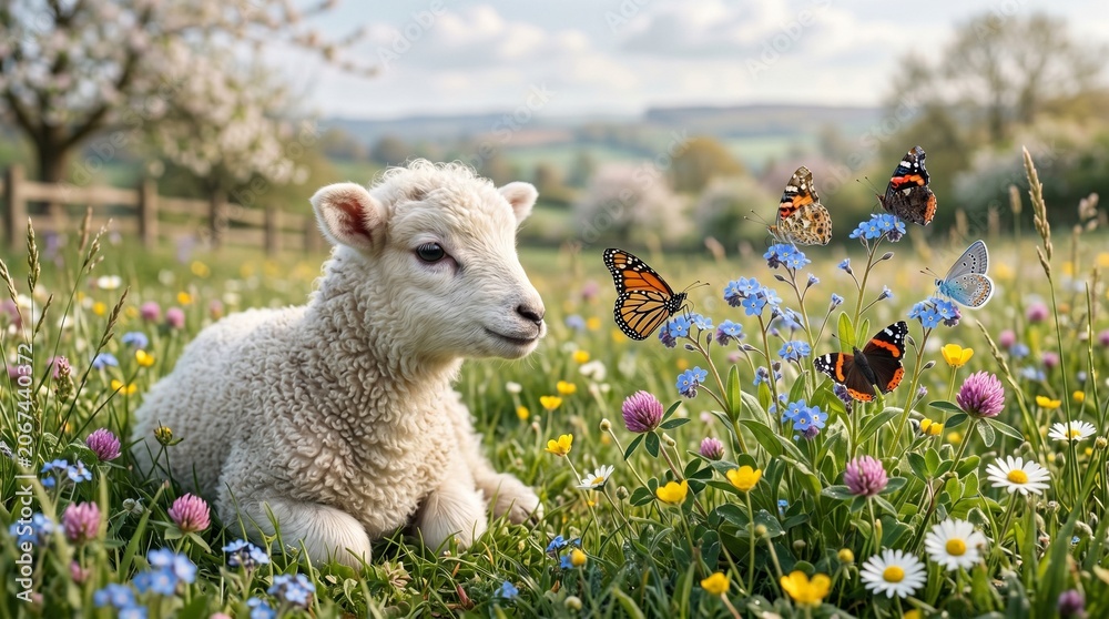 Fototapeta premium Close Up Portrait of Baby Lamb Sitting in Flower Meadow with Colorful