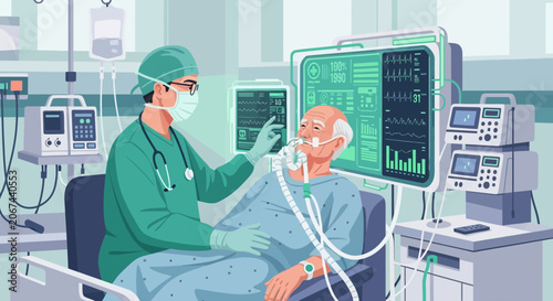 Medical Professional Attends to Seriously Ill Patient with Advanced Equipment in Hospital Setting