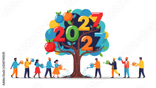 Photos Nurturing the Future: A vibrant tree adorned with the numbers 2027 and colorful fruits, symbolizing growth and prosperity, is watered by a diverse group of people holding watering cans