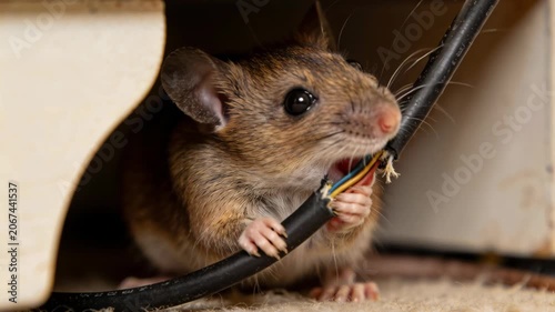 A close-up shot of a small mouse gnawing on a thick electrical wire in a dark indoor environment.