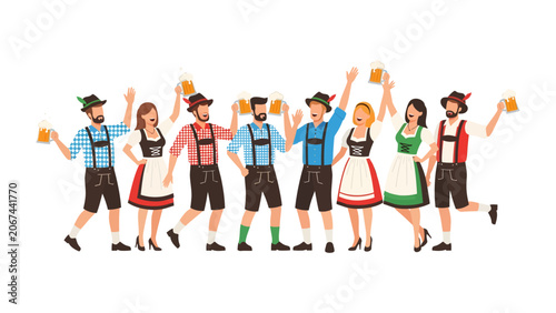 Canvastavla Oktoberfest Celebration: A lively group of people in traditional Bavarian attire raises their beer steins in a joyful toast, celebrating the spirit of Oktoberfest with laughter and camaraderie