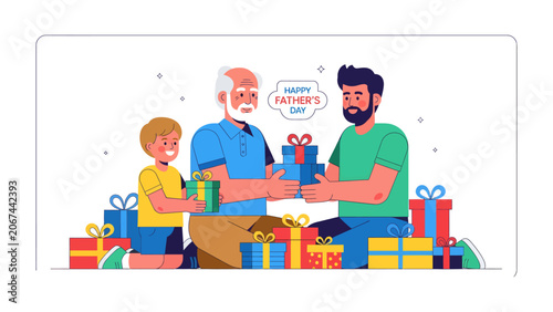 Bilde på lerret Father's Day Celebration: A heartwarming illustration depicts three generations of men, a grandfather, father, and son, exchanging gifts on Father's Day surrounded by beautifully wrapped presents