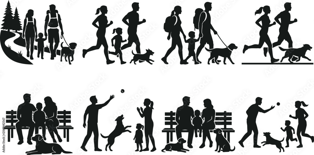 Obraz premium Family with pet dog silhouette collection featuring active people running playing and children jogging hiking in the park, dogs playing with ball