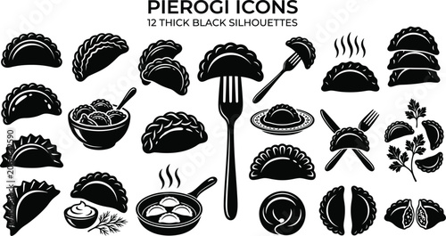 Schilderij op canvas Polish pierogi icons vector set traditional European dumplings black silhouettes