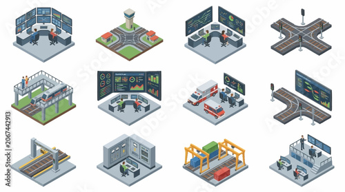 Cuadro en lienzo Isometric illustrations of control rooms, traffic intersections, and industrial settings
