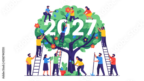Fotografie Cultivating Future Growth: A vibrant illustration depicting a community of people working together to nurture a tree adorned with the year 2027