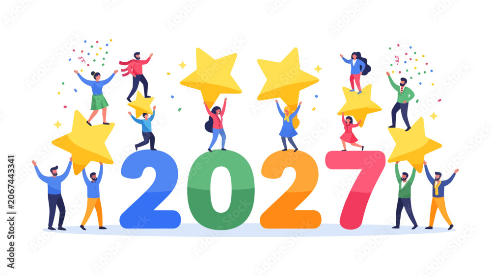Fototapeta premium New Year 2027 Celebration: A vibrant illustration depicts people celebrating the arrival of 2027, holding golden stars and standing on the numbers.
