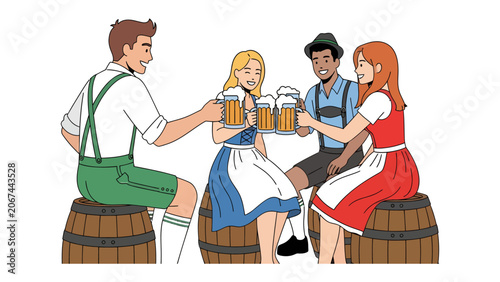 Obraz na plátně Oktoberfest Celebration: Four friends in traditional Bavarian attire clink their beer mugs together, seated on wooden barrels, celebrating in jovial spirits during a festive gathering