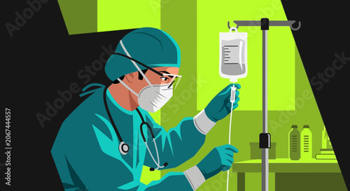 Medical Professional Carefully Adjusting Intravenous Drip in a Sterile Clinical Environment