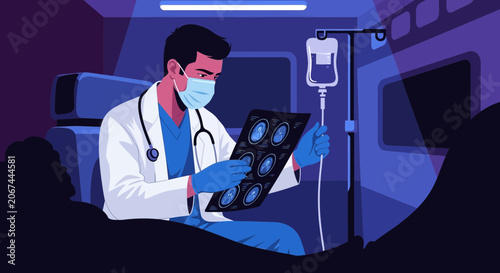 Medical Professional Carefully Analyzing Scan Results in Emergency Vehicle Illustration