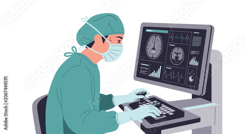 Medical Professional Carefully Analyzing Brain Scans on a Modern Computer Interface Visualization