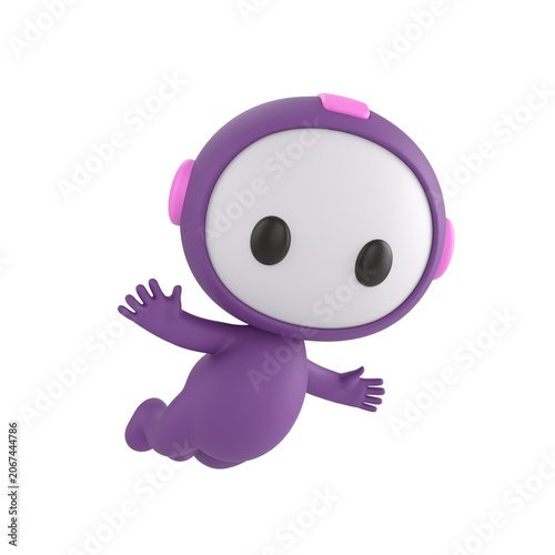 Cute 3D render Purple Bot character flying freely in the air, joyful and carefree mascot style, isolated on white background for freedom, imagination, and digital design.
