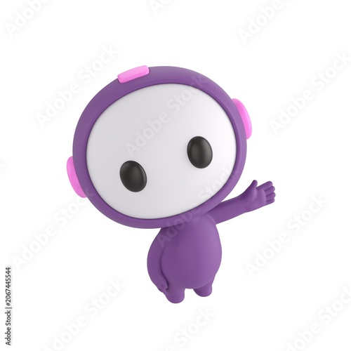 Cute 3D render Purple Bot character looking up at the camera while gesturing to the side with one hand, friendly and welcoming pose, isolated on white background.