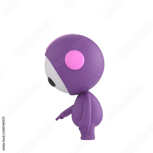 Cute 3D render Purple Bot character turned sideways to the camera, pointing down at the ground in front, indicating focus or attention, isolated on white background.