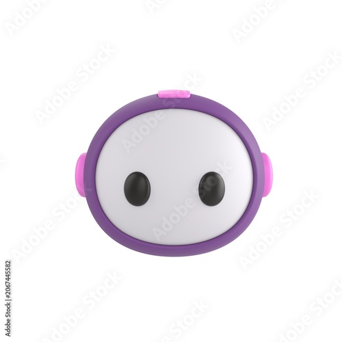Cute 3D render Purple Bot head, facing forward and looking directly at the camera, simple and friendly expression, isolated on white background.