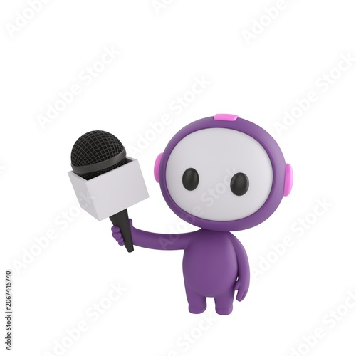 Cute 3D render Purple Bot character standing and holding a microphone, conducting an interview in a reporter-style pose, friendly and professional, isolated on white background.
