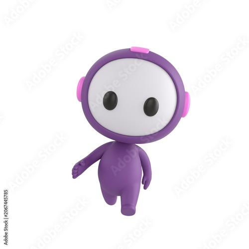 Cute 3D render Purple Bot character walking calmly toward the camera, relaxed and friendly stride, isolated on white background.