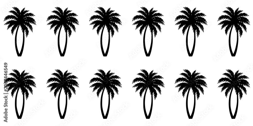 Fototapeta premium Palm Tree Silhouette Pattern with Evenly Spaced Black Icons on a White Background for Seamless Decorative Design Concept