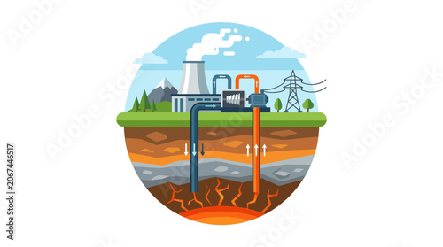 Geothermal energy power plant illustration with geological layers and steam vents