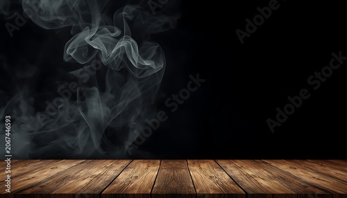 Mysterious Smoke Rising Wooden Floor Dark Background