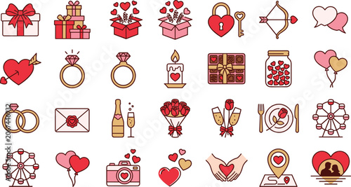 Valentines Day Romantic Wedding Anniversary Icon Set with Cupid Arrow Diamond Ring Gift Boxes Champagne and Ferris Wheel Flat Line Art Vectors for Card Designs