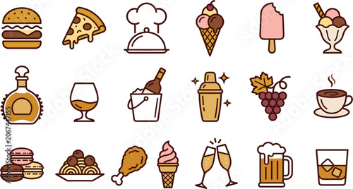 Restaurant Food and Beverage Icon Set Featuring Fast Food Hamburger, Pizza, Ice Cream, Wine Bottle, Cocktail Shaker, Beer, and Catering Dessert Vector Symbols