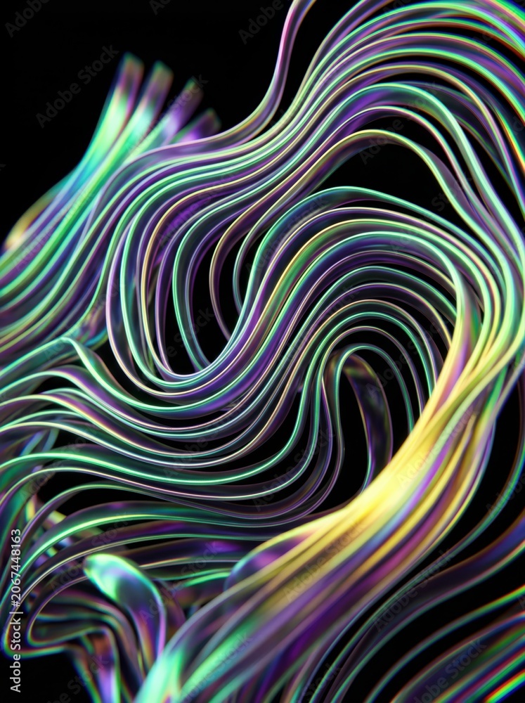Fototapeta premium Abstract iridescent flowing lines, a vibrant holographic wave pattern, modern digital art, and a futuristic visual design element for technology and science.