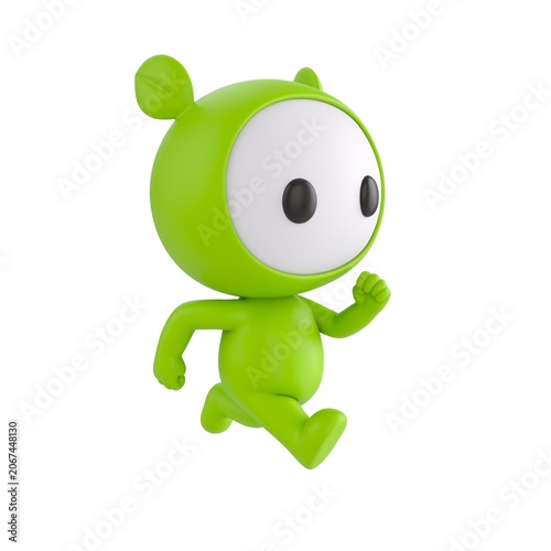 Cute 3D render Green Little Monster character running energetically, dynamic and playful mascot style, isolated on white background.