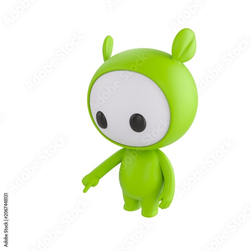 Cute 3D render Green Little Monster character pointing down at the ground in front, indicating or highlighting something, friendly mascot style, isolated on white background.