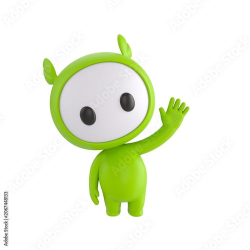Cute 3D render Green Little Monster character standing and waving hello, friendly and welcoming mascot style, isolated on white background.