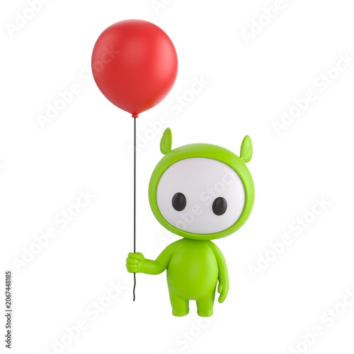 Cute 3D render Green Little Monster character holding a balloon, playful and cheerful mascot style, isolated on white background for celebration, party, and digital design.